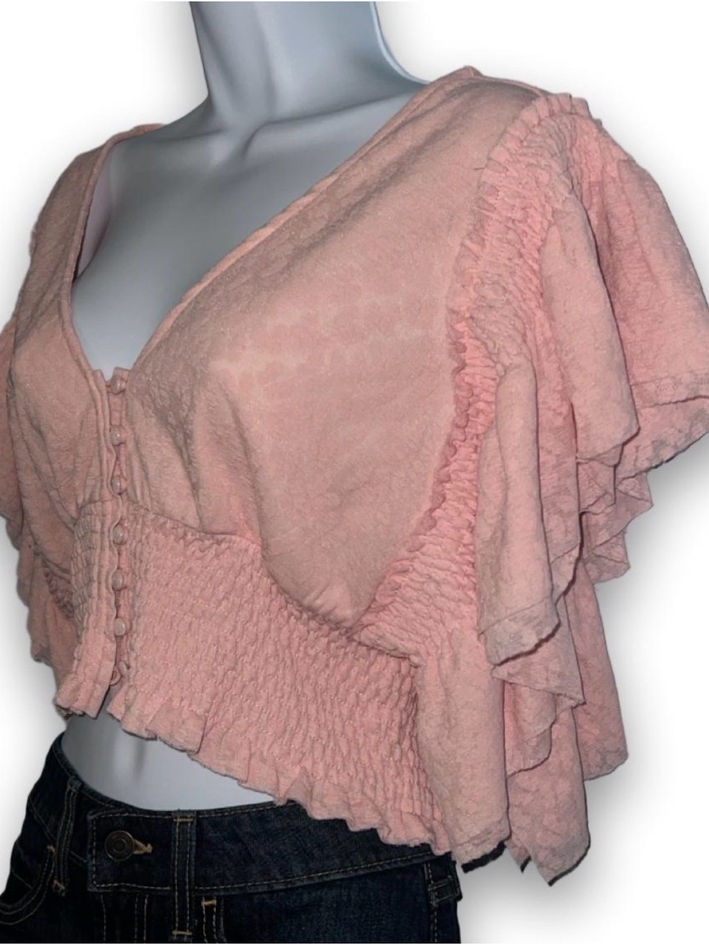 Altar'd State Blush Pink Ruffled Button-Front Crop Top - Picture 3 of 7
